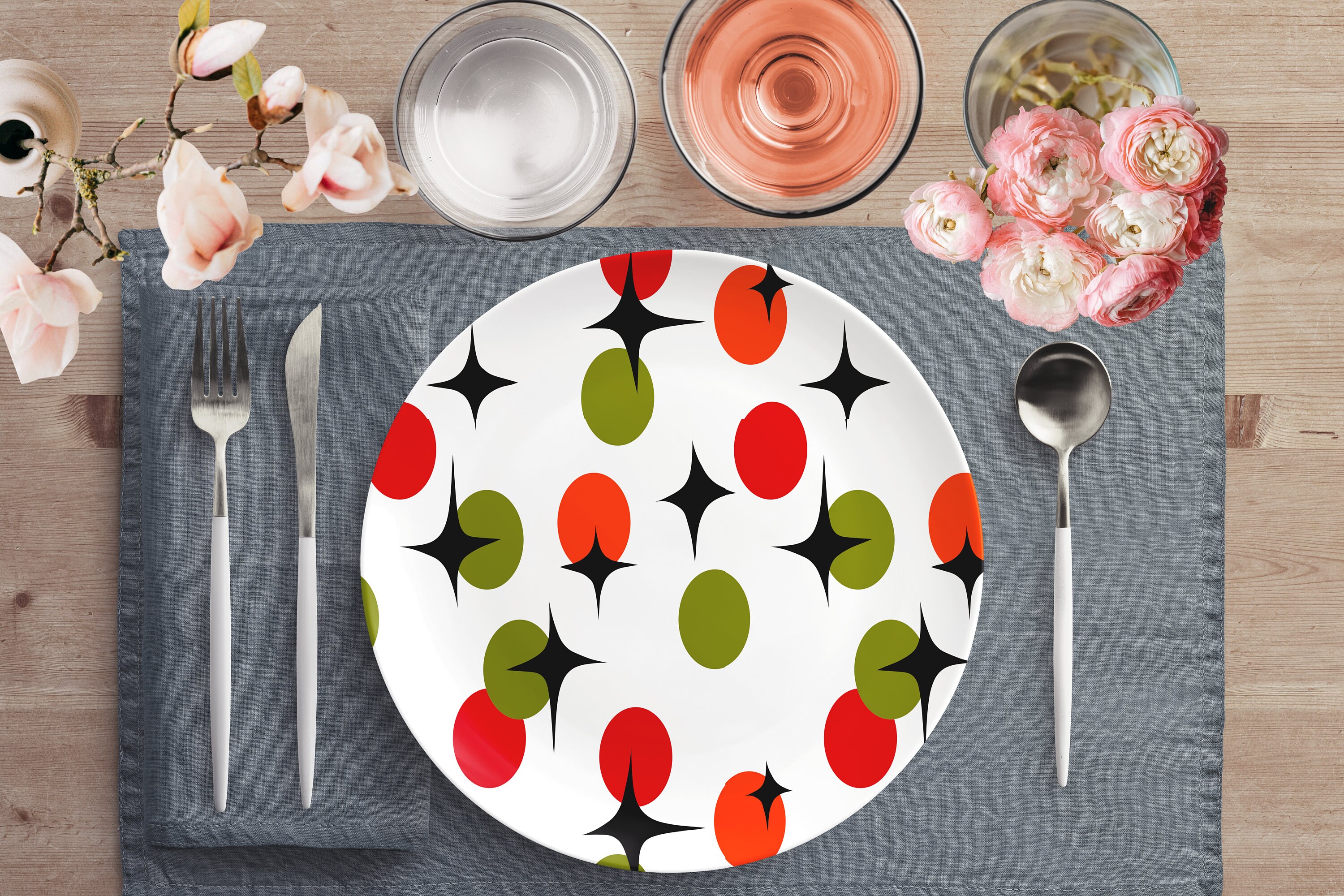 Dinner Plate in Mid Century Modern Red Orange Green Starburst Custom Design Retro 1950s Dinnerware Vintage 10 Dinner Plate