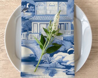 Set of 4 Chinoiserie Pagoda Floral Cloth Dinner Napkins, Country Farmhouse Table Linen, Wedding Table Decor, Grandmillenial Decor - 12028823