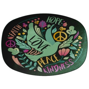 Boho Floral Serving Platter - Peace, Hope, Faith, Kindness, Love, Joy Decorative Tray - Modern Bohemian Kitchen Decor