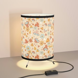Cottagecore Retro Mushroom Tripod Lamp, 60s 70s Hippie Groovy, Trippy Floral Accent Lamp, Bedroom, Living Room, Office Table Lamp
