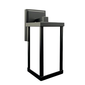 May include: A black outdoor wall-mounted light fixture. The fixture has a rectangular shape with a square backplate and a boxy, open-bottomed shade. The frame is black, and the light source is not visible.