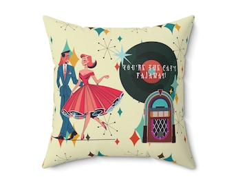 Retro 50s Couple Kitschy Mid Century Modern Throw Pillow, Vintage Vinyl Record MCM Cushion