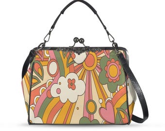 Groovy 70s Sunshine Floral Kisslock Purse, Retro Mod Psychedelic Crossbody