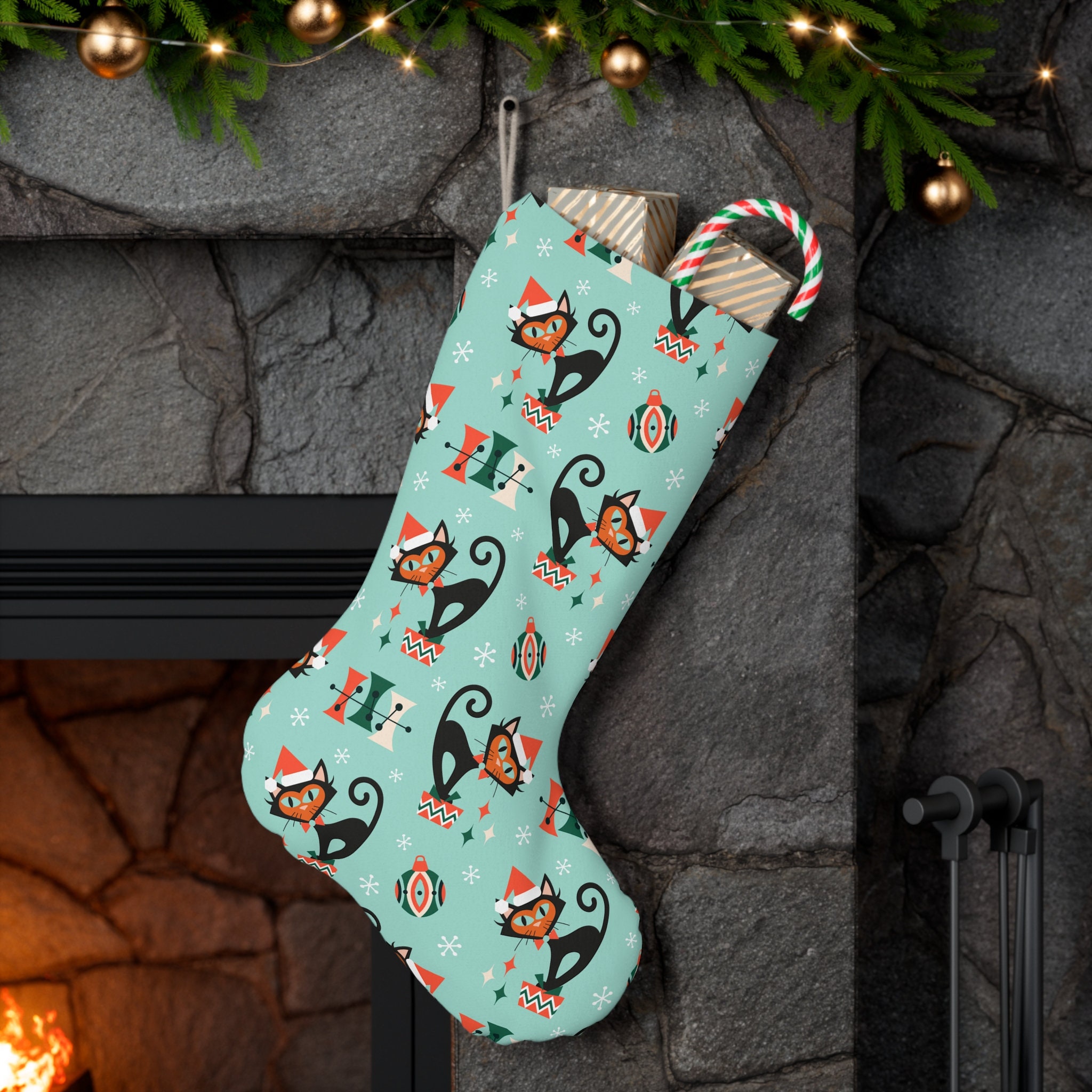 Mid Century Modern Atomic Kitschy Cat Santa Stocking, 50s Vintage Christmas Stockings, Retro Holiday Decor