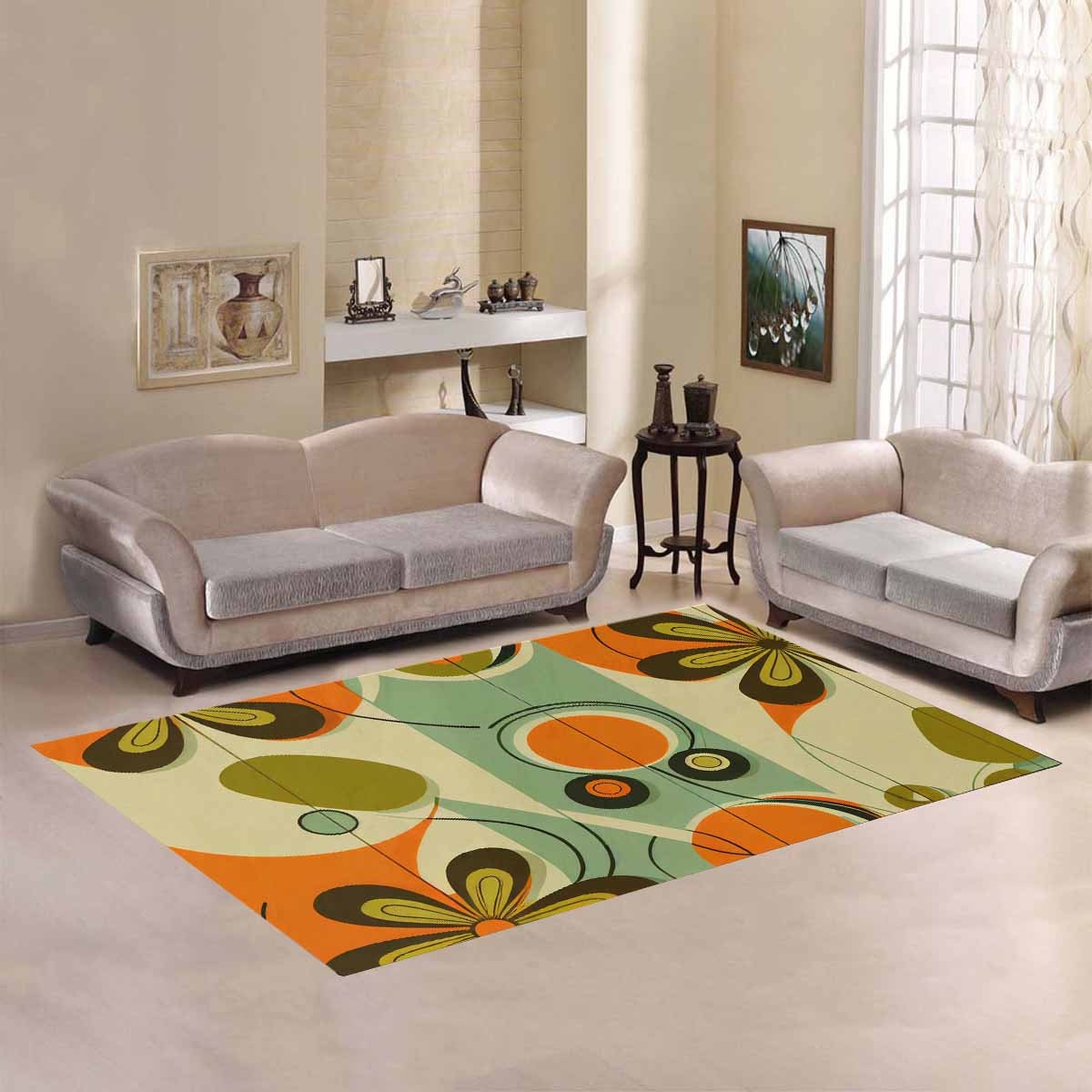 Retro 60s Mid Mod Daisy Area Rug, MCM Geometric Accent Rug, Mid