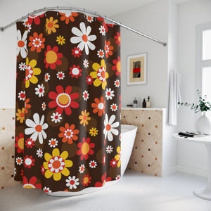 Cortina de chuveiro retrô groovy hippie margarida boho, decoração moderna de banheiro de meados do século, cortina de banho MCM Flower Power - 128282023