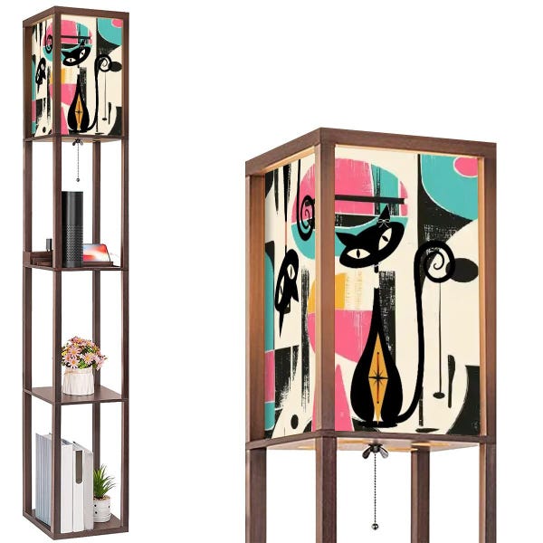 Atomic Cat Funky Abstract Floor Lamp with Shelf, Mid Century Modern Lighting, 1950s Retro Tall Storage Lamp