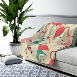 Halverwege de eeuw moderne flamingo sherpadeken, retro roze, groene minimalistische MCM fleece deken