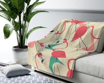 Mid Century Modern Flamingo Sherpa Blanket, Retro Pink, Green Minimalist MCM Fleece Throw Blanket