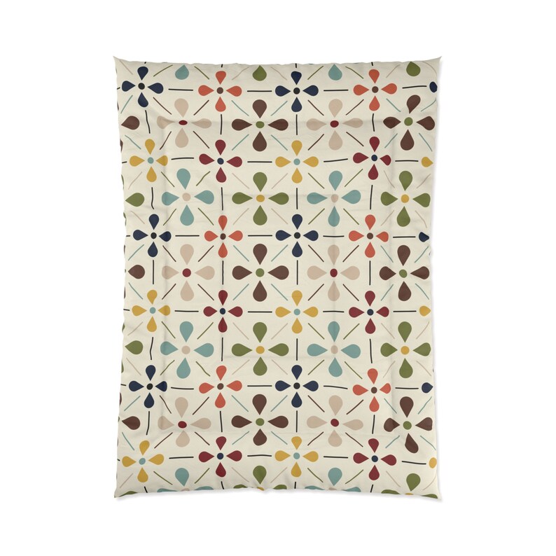 MCM Floral Comforter, Minimalist Scandinavian Modern Danish Retro Whimsical Blooms Bedding image 9