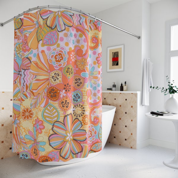 Retro Trippy Flower Power Shower Curtain, 70s Mid Mod Hippie Chic Floral Bathroom Decor with Groovy Orange, Yellow, and Blue Palette