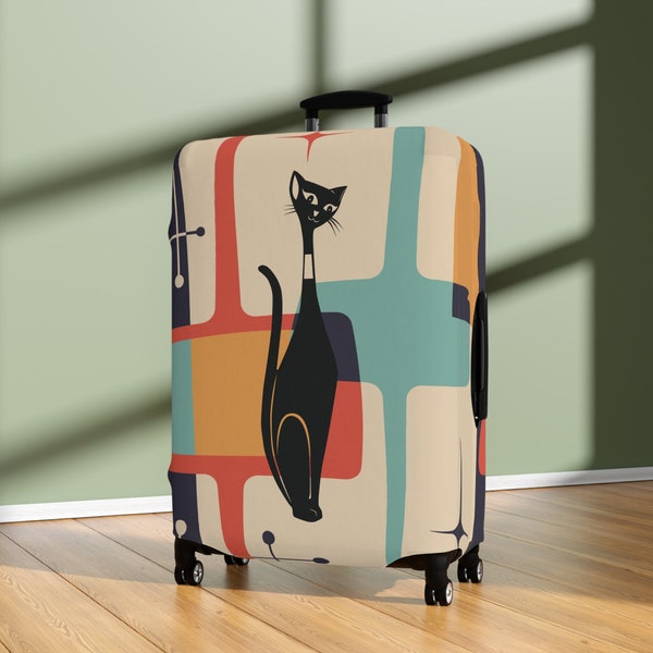 Retro Atomic Cat Luggage Cover, Mid Century Modern Teal, Mustard, Vintage Style Suitcase Protector