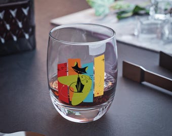 Atomic Cat Mid Century Modern Whiskyglas, Retro Geometrisches Barzubehör, MCM Cocktail Becher