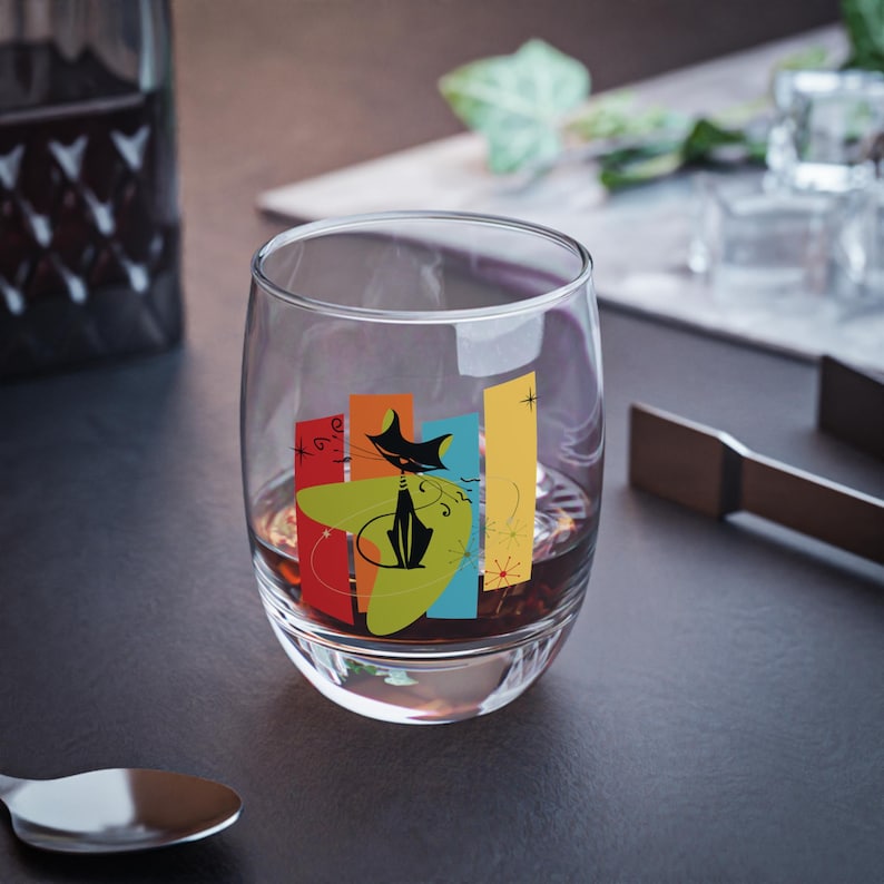 Atomic Cat Mid Century Modern Whiskey Glass, Retro Geometric Barware, MCM Cocktail Tumbler image 1