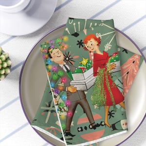 Retro 50s Kitsch Christmas Cloth Napkins Set of 4, Mid Century Modern Holiday Decor, 1950s Kitsch Dining Table Linens