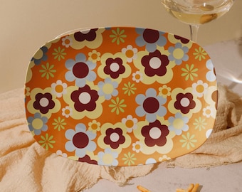Retro 70s Flower Power Platter, Mid Century Modern Groovy Orange Brown Serving Tray