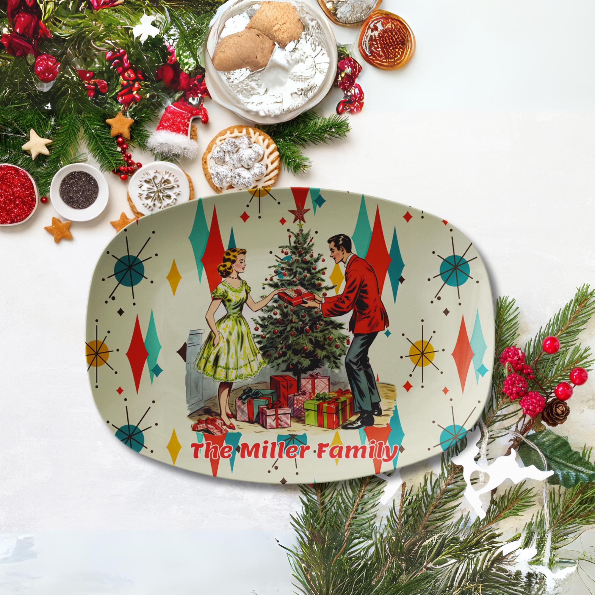 Personalized Retro Vintage 50s Franciscan Diamond Starburst Kitsch Christmas Card Art Platter, Mid Century Family Holiday Keepsake
