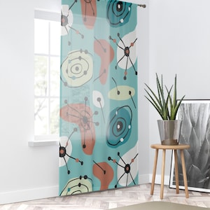 Mid Century Modern 50s Window Curtain, Retro Atomic Aqua Blue Living Room, Bedroom Sheer Curtain Panel