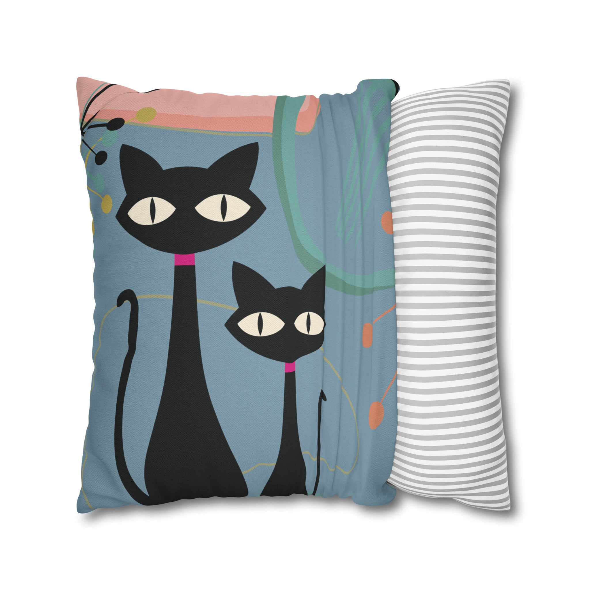 Mid Century Modern Kitschy Cat Throw Pillow Cover, Retro Black Cat