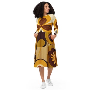 Groovy 60s MCM Retro Hippie Flower Power Midi Dress, Mid Century Modern Hipster Boho Party Dress-132482823