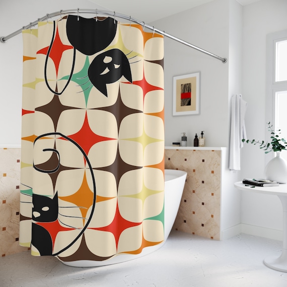 Mid Century Duschvorhang Mit Retro-Katzen – Atomarer Retro-Design In Beige, 178 X 178 Cm