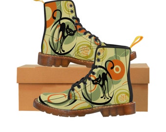 Atomic Cat 70er Jahre Canvas Stiefel, Orange und Grün, Mid Mod Hippie Retro Geometrische Stiefel