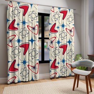 Atomic Boomerang Mid Century Modern Window Curtains, Retro Starburst Geometric Curtain Panels, Sheer & Blackout MCM Drapes, Mid Mod Home