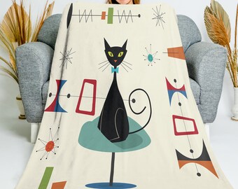 Retro Atomic Kitschy Cat Throw Blanket, Mid Century Modern Geometric Velveteen Minky Blanket in Teal Blue, Cream, MCM Home Decor, Mom Gift