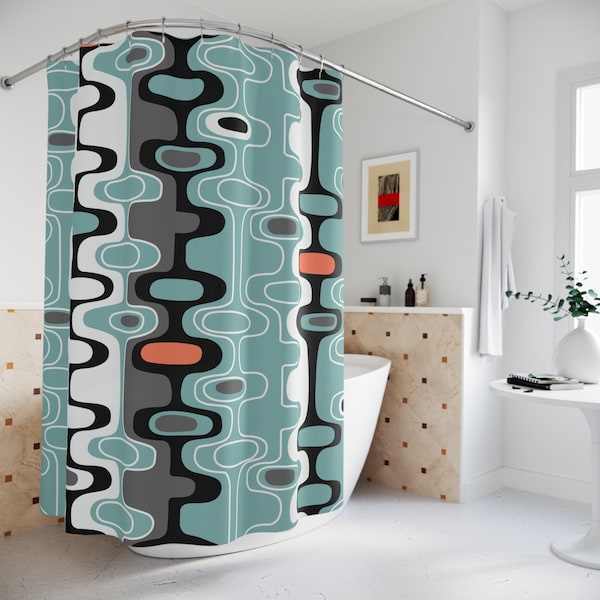 Mid Century Modern Retro Geometric Shower Curtain, MCM Abstract Oval Bathroom Curtain, Housewarming Gift, Bathroom Decor