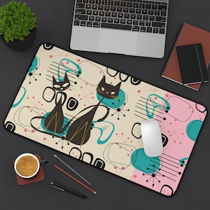 Retro Atomic Cat Mid Century Modern Desk Mat, MCM Pink, Turquoise Black Geometric Starburst Office Accessory