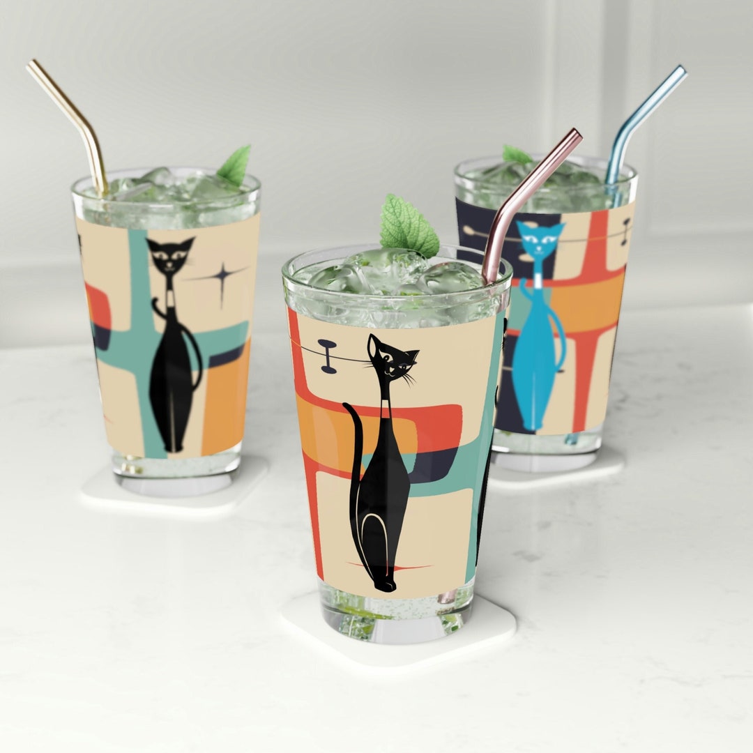 Atomic Kitschy Cat Pint Glass, 16oz Mid Century Modern Geometric