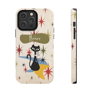 Gepersonaliseerde Atomic Cat stoere iPhone 14 hoesjes, modern halverwege de eeuw, retro kitscherige Starburst, kerstcadeaus, MCM-vakantiecadeau