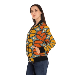 70s Retro Groovy Geometric Women&#39;s Bomber Jacket in Mid Century Modern Shades of Beige, Metallic Gray, Burnt Orange, Mustard Yellow