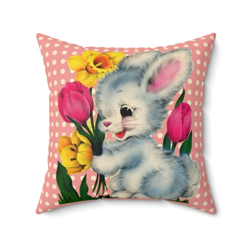 Vintage Kitschy Easter Bunny Throw Pillow Cover, Vintage Easter Card Inspired Cushion Covers, Easter Rabbit Spring Floral Pillow Case Gifts image 2