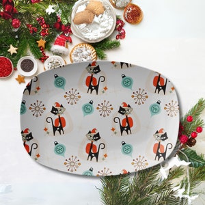 Kitschy Atomic Cat Holiday Serving Platter, 50s 60s MCM Christmas Kitchenware Gifts