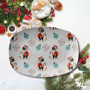 Kitschy Atomic Cat Holiday Serving Platter, 50s 60s MCM Christmas Kitchenware Gifts