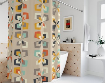Retro 60s 70s Mid Century Modern Geometric Shower Curtain, Abstract Vintage Floral Brown Orange, Teal MCM Bathroom Decor, Retro Bath Curtain