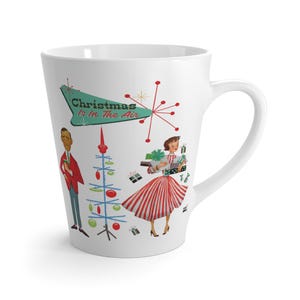 Retro Vintage 50s Kitsch Christmas Latte Mug, Mid Century Modern Atomic Starburst Holiday Drinkware