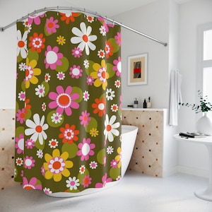 Groovy Hippie Daisy Flower Power Shower Curtain, Retro Mid Century Modern Bathroom Decor