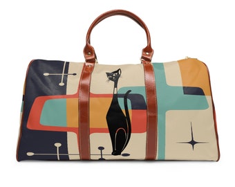 Mid Century Modern Atomic Cat Waterproof Travel Bag, MCM Starburst Geometric Retro Duffel Bag, Leather, Fabric Carry on Bag, Weekender Bag