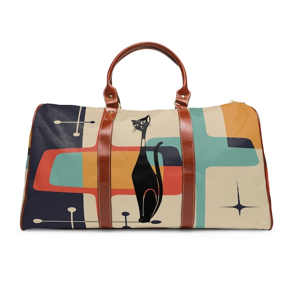 Mid Century Modern Atomic Cat Waterproof Travel Bag, MCM Starburst Geometric Retro Duffel Bag, Leather, Fabric Carry on Bag, Weekender Bag