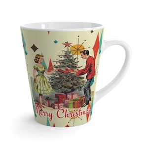 Retro Vintage 50s Franciscan Diamond Starburst Latte Mug, Kitsch Christmas Scene Coffee Cup