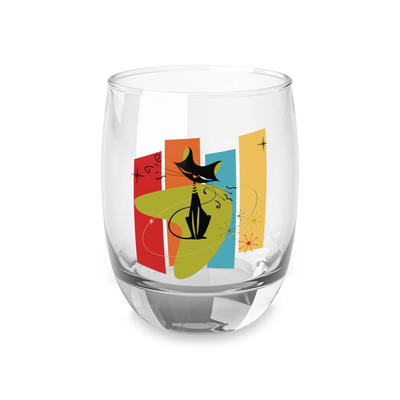 Atomic Cat Mid Century Modern Whiskey Glass, Retro Geometric Barware, MCM Cocktail Tumbler image 3