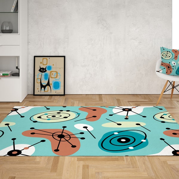 Mid Century Modern Geometric Starburst Area Rug, Groovy Retro Atomic Age Aqua Blue Home Decor Carpet