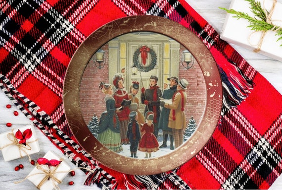 Vintage Brown Christmas Carolers Scene Dinner Plate, Christmas Dinner Plate, Decorative 10 Inch Dinnerware Set, Holiday Plate, 10 Inch Plate