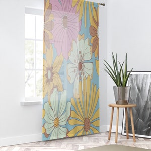 Sheer Window Curtain in Mid Century Modern Flowers, Custom Designed Retro Vintage Window Curtains, MCM Curtains, Boho Floral Home Decor