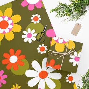 Groovy Hippie Daisy Flower Power Wrapping Paper, Mid Century Modern Retro Gift Wrap