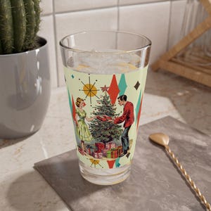 Bicchiere da miscelazione per biglietti di Natale kitsch retrò vintage anni '50, 16 once Franciscan Diamond Starburst, MCM Cocktail Shaker, bicchieri per feste di Natale,