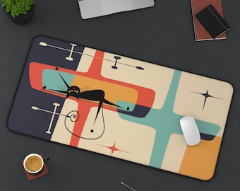 Mid Century Modern Atomic Cat Desk Mat, Geometric Teal Blue, Mustard Yellow, Cream MCM Starburst Computer Desk Mat, Retro Office Accessories