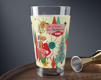 Retro Vintage 50s Franciscan Diamond Starburst Kitsch Christmas Card Art Pint Glass